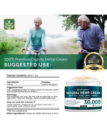 FIELD OF GREEN Hempseed Cream | Maximum Strength | Instant Relief - Body Rub | Soothes Discomfort Hands Knees Neck Back Nerves Joints | Support | MSM Arnica | All Natural | Canadian | 2 oz (60mL). - Buy Online on GoSupps.com