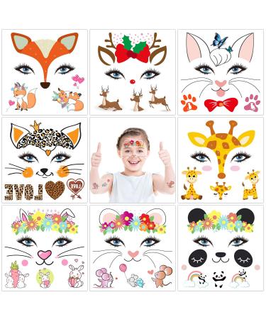 HOWAF Animal Face Tattoos Kit for Kids  8 Sheets Fake Temporary Face Paint Tattoos for Kids Boys Girls Party Bag Filler Birthday Party Supplies Favors Halloween Makeup Skin Safe
