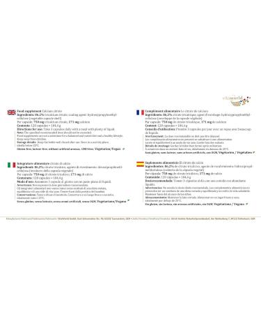 Vita World Calcium Citrate 500mg 120 Capsules - Made in Germany | Daily Calcium Supplement - Buy Online on GoSupps.com