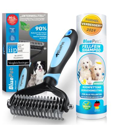 Bluepet Unterwolltoll + dog shampoo |Dog brush & cat brush for long hair |Unterwoll comb removes undercoat & feast |Better combability |Fellbrush set Unterwolltoll size M-L blue + dog shampoo