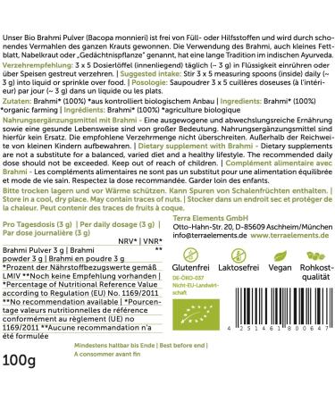 Organic Brahmi Powder - 100g | Terra Elements | Bacopa Monnieri | Memory Plant | 100% Pure | Vegan Superfood - Buy Online on GoSupps.com