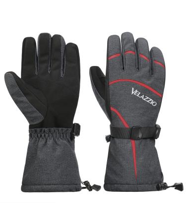 VELAZZIO Ski Gloves - Eco Friendly Winter Gloves with Dupont Sorona, Waterproof Breathable Touchscreen Gray Red Medium