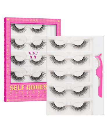 Self Adhesive Eyelashes 5 Pairs Self Sticking Lashes Reusable with Lash Tweezers False Eyelashes Natural No Glue Needed Just One Step at Home(Strawberry)