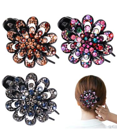 WYCHUN 3PCS Womens French Curved Duckbill Hair Clips for Women Flower Rhinestone Hair Barrettes for Thick Hair Multi-colored