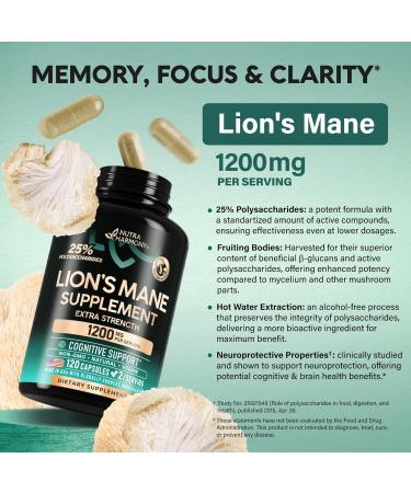 Lions Mane Supplement Capsules - Organic Lions Mane - Made in USA - Fruiting Bodies Extract - 1200 mg 25% Polysaccharides - Memory & Focus Support - As Lions Powder - 120 Capsules 2 Month Supply 120 Count (Pack of 1) - Buy Online on GoSupps.com