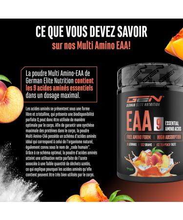  GEN GERMAN ELITE NUTRITION EAA Powder 532g (38 servings) - All 9 essential amino acids including histidine & BCAAs - Human Code formula - Vegan - Very good solubility - Refreshing amino acid drink (Peach Iced Tea) - Buy Online on GoSupps.com