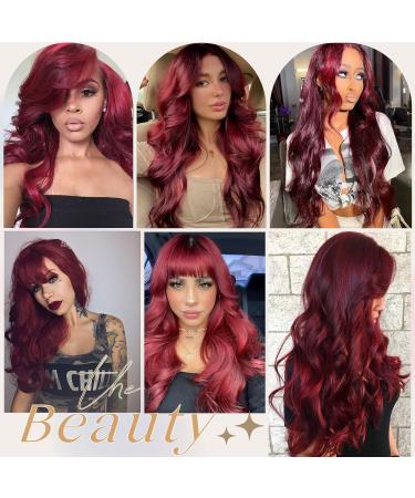 Kellynee Burgundy Wine Red Long Wavy Wig with Bangs - Stylish Heat Resistant Synthetic Hair for Daily Wear and Special Occasions - Buy Online on GoSupps.com