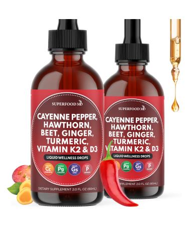 Cayenne Pepper Supplement Liquid Drops + Hawthorn Berry Vitamin D3 K2 Beet Root Powder Ceylon Cinnamon Turmeric Curcumin Organic Panax Ginseng - 4 OZ 4 Fl Oz (Pack of 2)