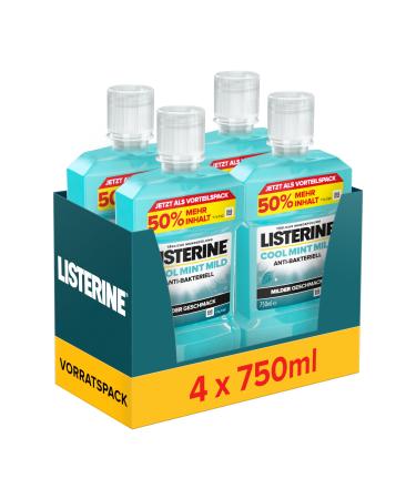 Listerine LISTERINE Cool Mint Mild Pack of 4 Antibacterial Mouthwashes with Essential Oils and Alcohol-Free 750ml Gentle Dental Care Reduces Plaque Effective Mouth Fight Against Bad Mouth