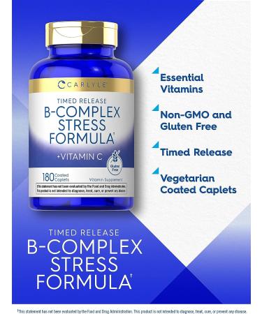 Carlyle B Complex Stress Vitamin Supplement 180 Caplets with Vitamin C | Non-GMO & Gluten Free - Buy Online on GoSupps.com