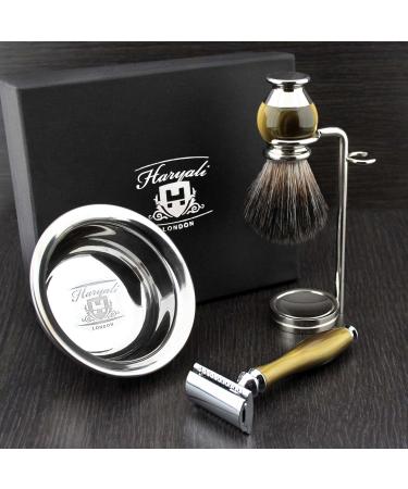 Premium HARYALI LONDON Men's Shaving Set - Simulated Horn & Nickel | Safety Razor & Synthetic Brush | Perfect for Grooming - Buy Online on GoSupps.com