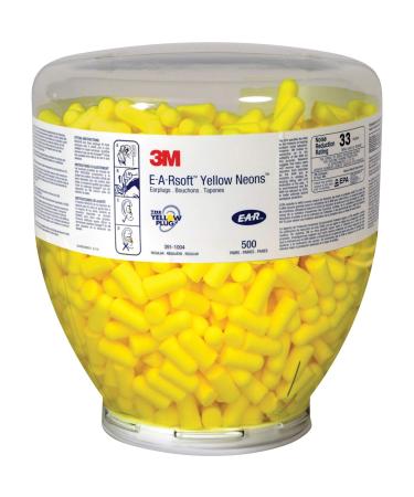 3M Ear Plugs  500 Pairs/Refill Bottle for One Touch Dispenser  E-A-Rsoft Yellow Neons 391-1004  Uncorded  Disposable  Foam  NRR 33  Drilling  Grinding  Machining  Sawing  Sanding  Welding