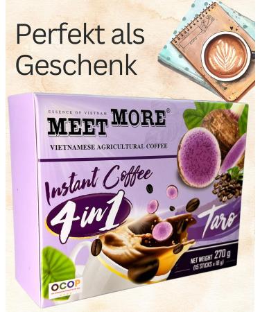 Meet More - 4in1 Coconut Coffee - Instant Soluble Coconut Coffee - Premium Quality - Exotic Coffee - Fruity Taste - 270g - Viet Nam (1st Taro) - Buy Online on GoSupps.com