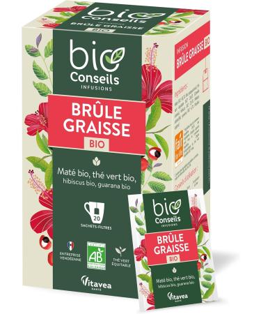 BioConseils - Organic Fat Burning Infusion - Organic Hibiscus Guarana Mate Herbal Tea - Fair Organic Green Tea - 20 Sachets - Buy Online on GoSupps.com