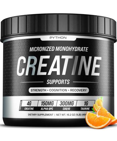 Python Creatine Monohydrate Gummies 5800mg per Serving - Taurine Alpha GPC CoQ 10 Magnesium Electrolytes & Vitamins - Faster Muscle Growth Recovery - Gluten-Free Vegan (Natural Orange 120 Count)