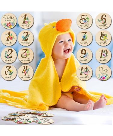 16-Piece Floral Wooden Baby Monthly Milestone Cards - Double-Sided Baby Months Signs for Newborn Photo Props - Fresh Flowers Design - Buy Online on GoSupps.com