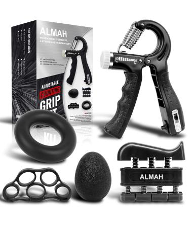 ALMAH Hand Grip Strengthener kit(5 Pack),Grip Strength Trainer,Forearm Workout Trainer Adjustable Hand Grip Exercise,Finger Strength Exerciser, Finger Stretcher, Grip Ring & Stress Relief Ball with Carry Bag