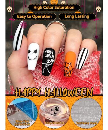 EBANKU Halloween Nail Stamper Kit - 6 Nail Art Stamping Plates & 6 Colors Polish - Pumpkin Skull Bat Witch Stencils for DIY Nail Decoration - Buy Online on GoSupps.com