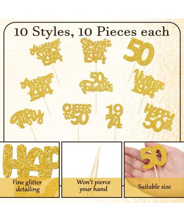 FoldTier 100 Pcs Happy 50th Birthday Cupcake Toppers Glitter Fifty 1974 Cupcake Picks Cheers to 50 Years Fabulous Cake Decorations for 50th Birthday Wedding Anniversary Party Supplies(Gold) - Buy Online on GoSupps.com