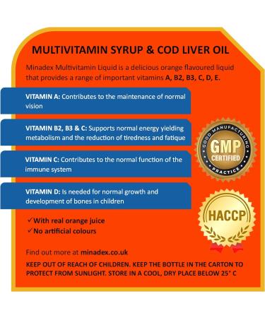 Minadex Multivitamin Liquid for Adults & Kids (Delicious Orange Flavour) 300 ml - Omega-3 & Vitamins A B2 B3 C D E for Reduction of Tiredness and Fatique 300 ml (Pack of 1) - Buy Online on GoSupps.com