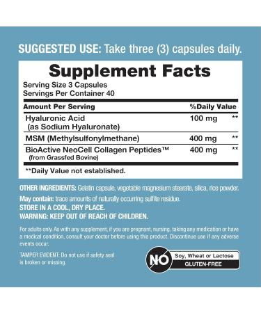 NeoCell Hyaluronic Acid Complex 900mg | 120 Capsules | with BioActive Collagen Peptides & MSM | Premium Grade Formula - Buy Online on GoSupps.com