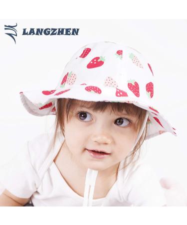 LANGZHEN Beach Sun Protection Hat for Baby Girls - Adjustable Wide Brim Summer Play Hat | Toddler Kids Hat with Chin Strap White - Strawberry | Size 2-4 Years - Buy Online on GoSupps.com