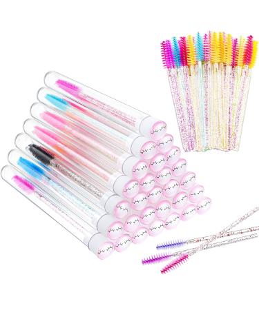 110 Pieces Disposable Mascara Wands Set Includes 30 Reusable Diamond Empty Eyelash Brush Tube and 80 Crystal Lash Eyelash Brushes Eyebrow Applicator for Women Girls Makeup (Pink Eye Pattern)