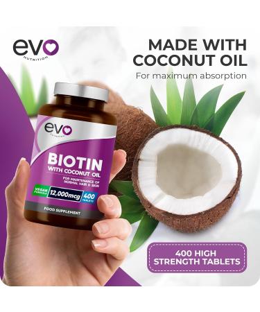 Biotin Hair Growth Supplement 12 000mcg with Coconut Oil | 400 High Strength Tablets for - 13 Month Supply Vitamin B7 Supports Normal Skin & Made in UK by EVO Nutrition - Buy Online on GoSupps.com