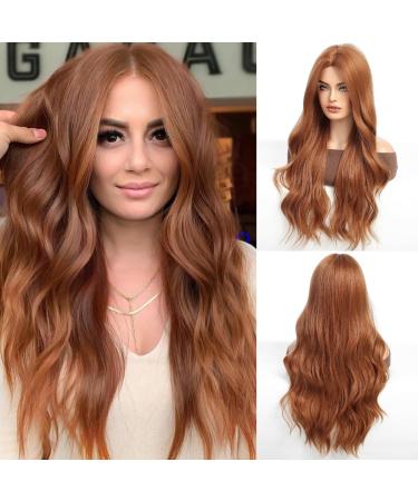 HAIRCUBE Long Auburn Wigs for Women Synthetic Curly Hair Wig Middle Parting