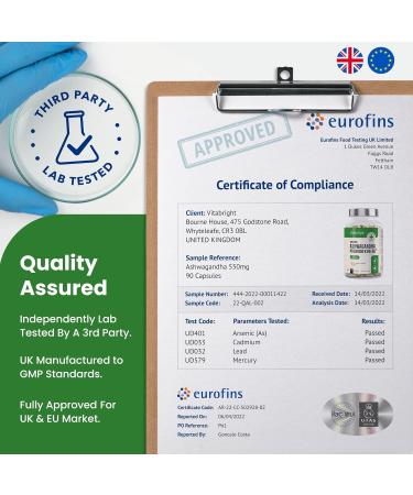 Organic Ashwagandha KSM-66 Capsules 550mg - 90 Vegan Capsules | High Concentration 10:1 Extract | 5% Withanolides | VitaBright UK - Buy Online on GoSupps.com