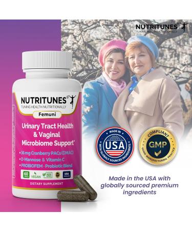 Nutritunes Femuni UTH Urinary Tract Health Supplement for Women 36mg Cranberry PACs D-Mannose Probiotics & Vitamin C Supports Urinary & Vaginal Health pH Balance & Immune Support 60 Capsules - Buy Online on GoSupps.com