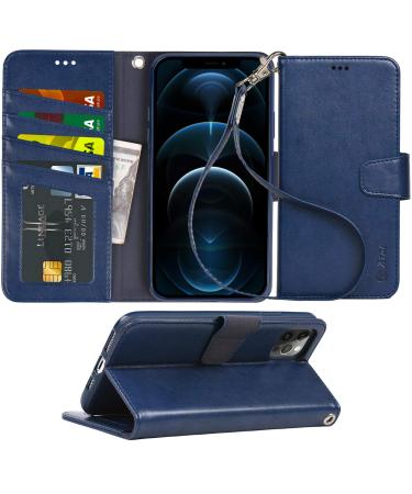 Arae Compatible with iPhone 12 Pro Max Case Wallet Flip Cover with Card Holder and Wrist Strap - Blue
