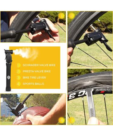 Mini Bike Tire Pump Set - Dual Action Push-Pull Pumping, 80 PSI, Presta & Schrader Valves, Lightweight - 3 oz, Includes Sports Ball Needle, Tire Lever, Bracket Mount - Buy Online on GoSupps.com