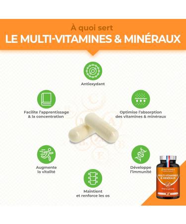 Multivitamins and Minerals - Unique Formula with Ginseng - Vitamins B1 B3 B6 B9 B12 C D3 Iron and Calcium - Energy Vitality Power - Made in France - Nutrimea - Buy Online on GoSupps.com
