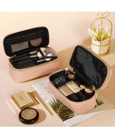 ROWNYEON Small Dual Layer Travel Makeup Bag - Pink | Portable Waterproof Toiletry Pouch and Brush Holder | Professional Organizer and Cute Case - Buy Online on GoSupps.com