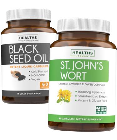 Black Seed Oil & St. John's Wort (1-Month Supply) Serene Blend Bundle of Black Seed Oil (60 Capsules) Cold-Pressed Nigella Sativa & St. John's Wort (60 Capsules) with Powerful 900mcg Hypericin