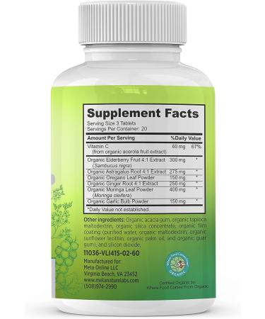 Certified Organic Immune Support Supplement - Elderberry, Astragalus, Oregano, Ginger, Moringa, Garlic, Vitamin C - 60 Tablets - Buy Online on GoSupps.com
