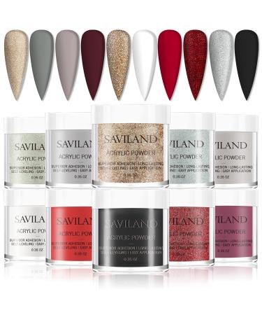 Saviland Acrylic Powder Set, 10 Colors Glitter Acrylic Nail Powder Set Acrylic Nail Set Professional Polymer Powder for Nails Extension Prom Queen Red Brown Series, Solon DIY Christmas Gifts A-Prom Queen Series