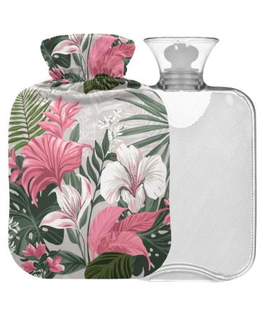 NAANLE hot water bottle with a tropical flower pattern with reference heat and cold therapy warm water bottle 2 l large warm stamp for bed hands feet warmer for pain relief 2l