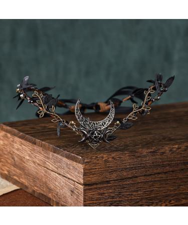 MOSTORY Handmade Moon Elf Headpiece - Woodland Forest Crown Fairy Goddess Tiara Elven Circlet Medieval Queen Accessory for Women Halloween Cosplay Renaissance Black - Buy Online on GoSupps.com
