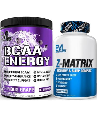 Evlution ZMatrix Magnesium and Zinc Post Workout Supplement (60 Servings) Plus Replenishing BCAAs Amino Acids Powder for Pre & Post Workout (Grape 30 Servings)