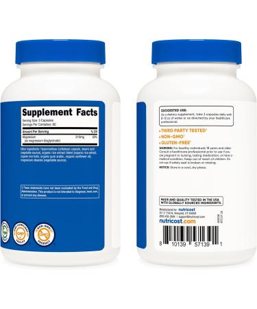 Nutricost Magnesium Glycinate Capsules (180 Capsules 210 mg Per Serving) - Magnesium Glycinate Supplement for Gentle Absorption 180 Count (Pack of 1) - Buy Online on GoSupps.com