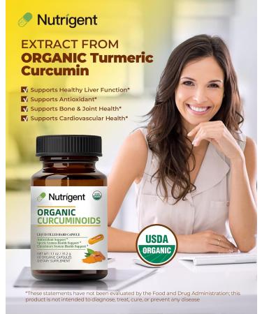 Nutrigent USDA Organic Turmeric Curcumin Supplement, Turmeric Extract with Curcuminoids 300 mg, Liquid Organic Capsules, Antioxidant, Bone & Joint Support, No-Gluten, 60 Count - Buy Online on GoSupps.com