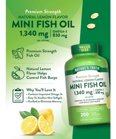 Nature's Truth Fish Oil Omega 3 | 1340 mg | 200 Mini Softgels | Burpless Lemon Flavor Pills | Non-GMO & Gluten Free Supplement - Buy Online on GoSupps.com