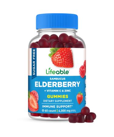 Lifeable Sugar Free Elderberry Gummies with Vitamin C and Zinc | Great Tasting Sambucus Elderberry Immune Support Supplement | Kosher Vegan Non GMO Black Elderberry for Adults | 60 Gummies