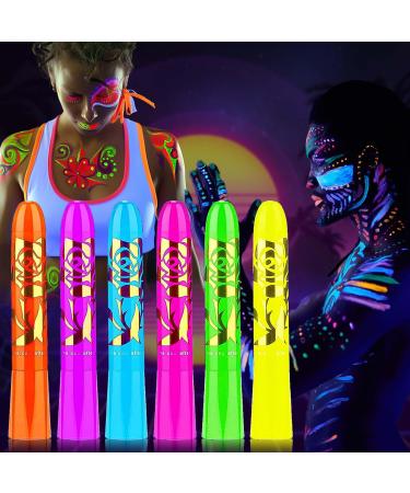 6 Colors Glow in The Black Light Face Body Paint Sticks UV Neon Glow Fluorescent High Pigmented Face Painting Crayons Kit for Halloween Mardi Gras Festivals Party Masquerades Supplies