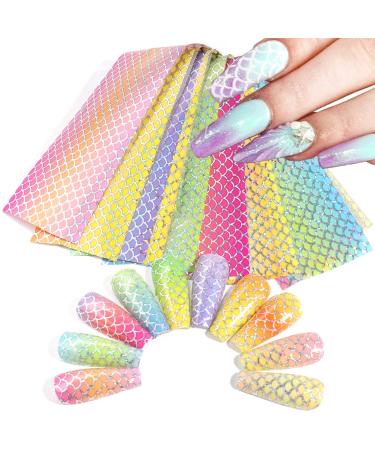 Fish Scales Nail Art Foils Colorful Nail Foil Transfer Stickers Decals Holographic Laser Line Mermaid Nail Art Design for Women Girls Manicure Tips Decorations Bright Colors Nail Art Film (10 Sheets)