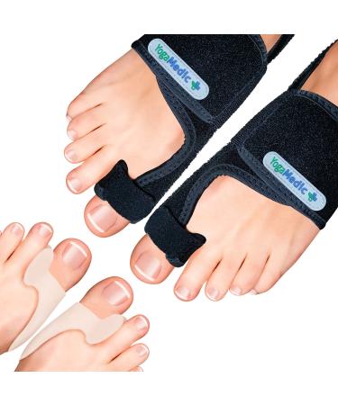YOGAMEDIC Bunion Corrector Toe Straightener to Relax Spread and Stretch- 2x Bunion Splints 2x Silicone Bunion Correctors - Day & Night Time Adjustable Flexible Bunion Support Kit- for Women & Men 2x Bunion Splints + 2x Bunion Correctors