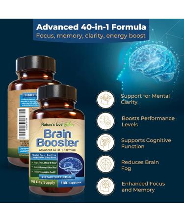 Brain Booster 40-in-1 Formula Supplement for Focus, Memory, Clarity, Energy | for Men & Women, Cognitive Function Nootropic Support with DMAE, Brain Health Formula | (180 Capsules - 90 Day Supply) - Buy Online on GoSupps.com