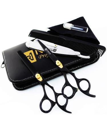 Macs Professional Black Coated Gold Plated Beauty full Double Tone Combination Razors Edge Barber Hair Cutting Scissor /Shear And Texturizing/Thinning Shears 5 PCs Set Made Of 420 Japanese Stainless Steel 6.75" -15043